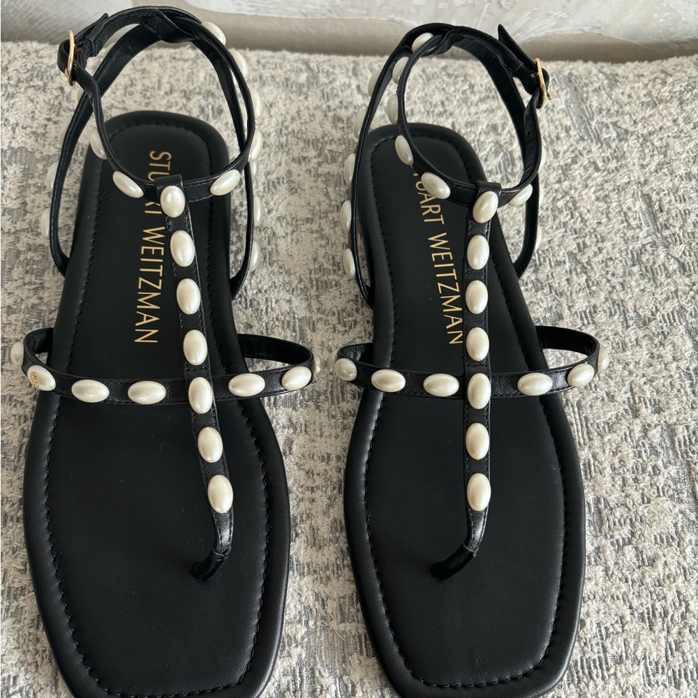 Authentic Stuart Weitzman Pearlita embellished Black leather Sandals